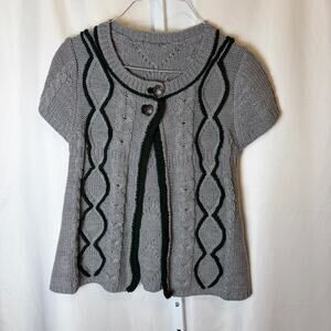 Handmade Gray & Green Cable Knit Short Sleeve Sweater Cardigan Grannycore Small